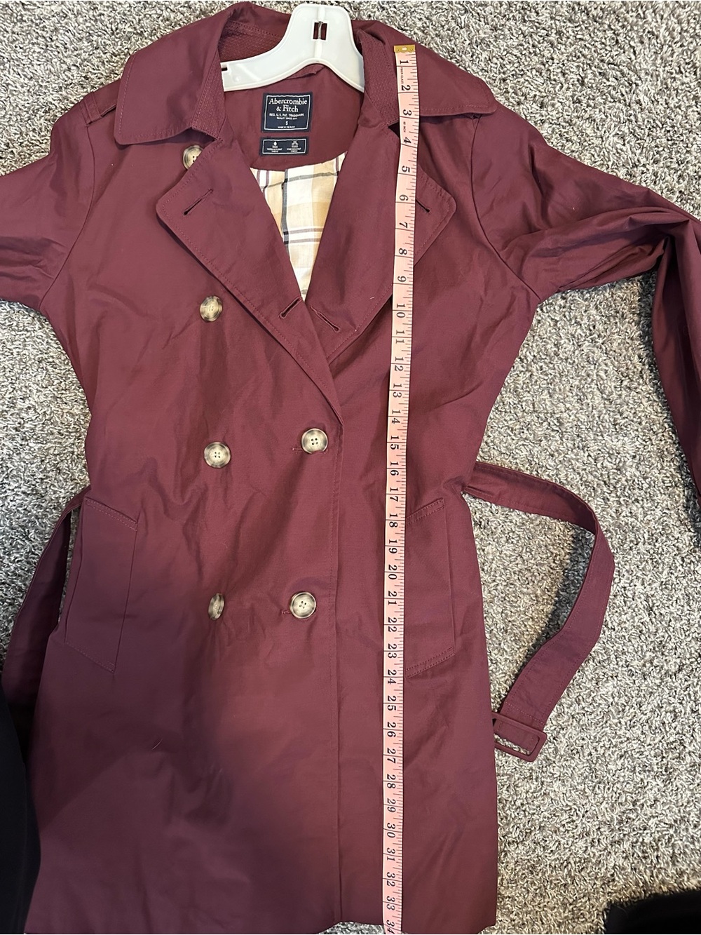 Abercrombie & Fitch Burgundy Double-Breasted Trench Coat Size Small - Picture 11 of 12